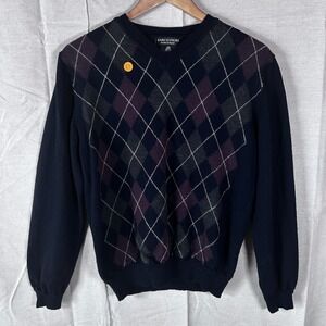 Marco Fiori Mens V-Neck Sweater M Navy Blue Argyle Extrafine Merino Wool Italy
